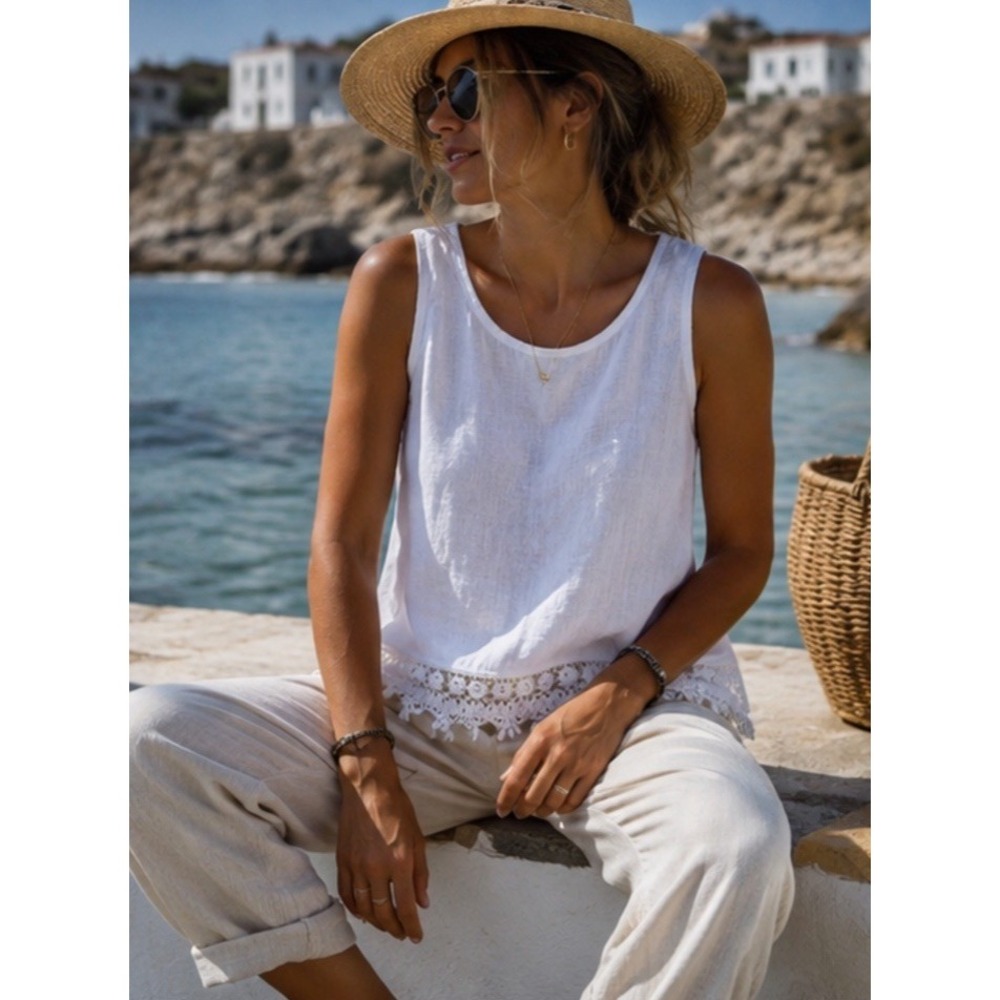 Terzo Millennio Linen Tank Top Sz M White Crochet Lace Hem Made in Italy Coastal